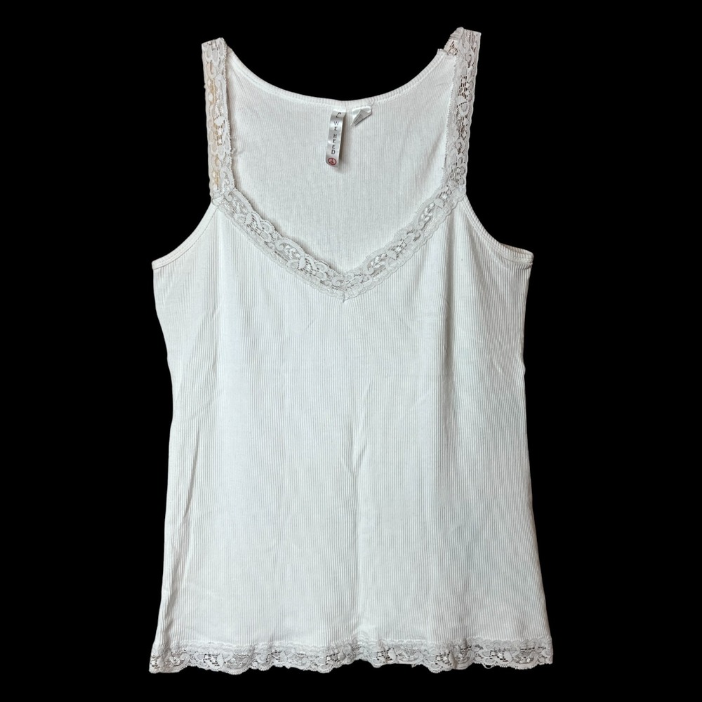 All We Need Womens Y2K Lace Trim Tank Top White Preppy Romantic Soft Girl Ribbed